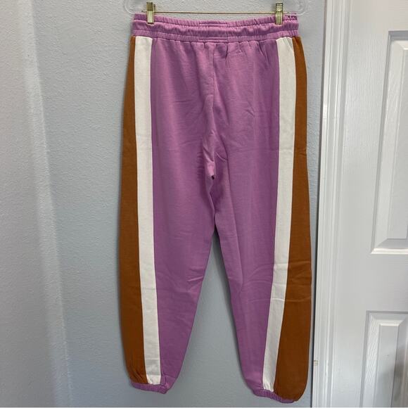 L*Space Home Stretch Colorblock Stripe Jogger Sweatpants Mauve Tan White - Picture 9 of 10